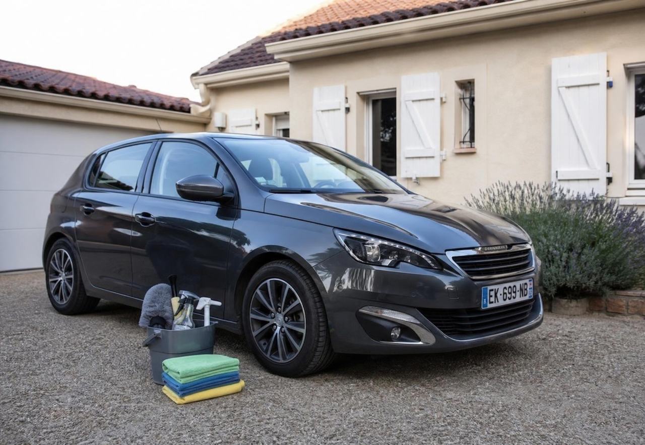 Voiture propre devant une maison avec le matériel de nettoyage ZoumoClean